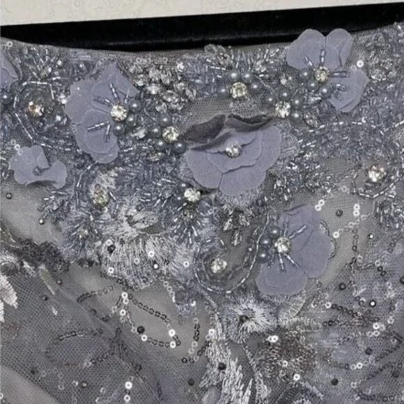 Floral Embroidered Sequin Illusion Boat Neck Long Sleeve Gown NWOT - Picture 5 of 7